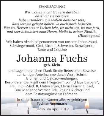 Traueranzeige von Johanna Fuchs von WVG - Wochenspiegel Wittenberg