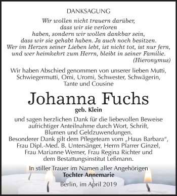 Traueranzeige von Johanna Fuchs von Mitteldeutsche Zeitung Wittenberg