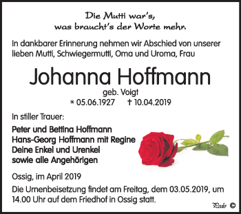 Traueranzeige von Johanna Hoffmann von Mitteldeutsche Zeitung Zeitz