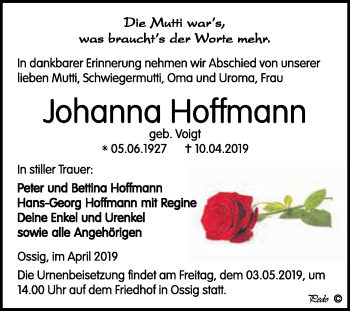 Traueranzeige von Johanna Hoffmann von WVG - Wochenspiegel NMB / WSF / ZTZ