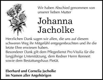 Traueranzeige von Johanna Jacholke von Mitteldeutsche Zeitung Bitterfeld