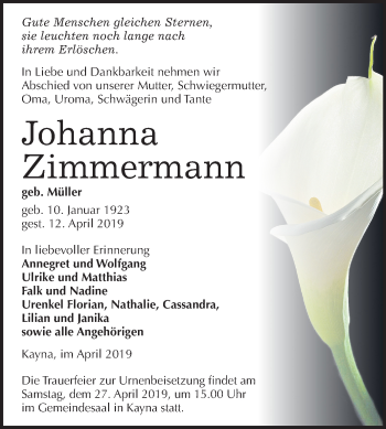 Traueranzeige von Johanna Zimmermann von Mitteldeutsche Zeitung Zeitz