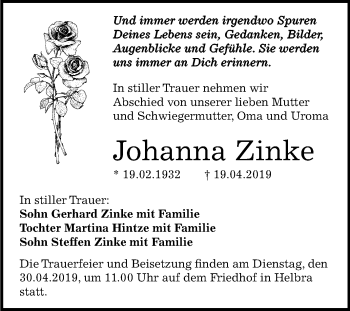 Traueranzeige von Johanna Zinke von Mitteldeutsche Zeitung