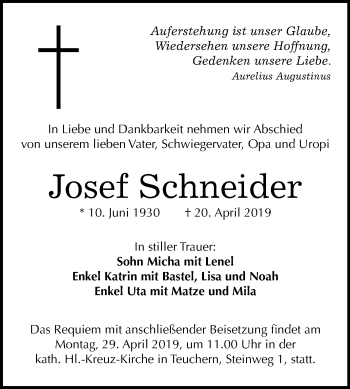 Traueranzeige von Josef Schneider von Mitteldeutsche Zeitung