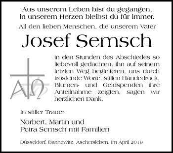 Traueranzeige von Josef Semsch von WVG - Wochenspiegel Quedlinburg