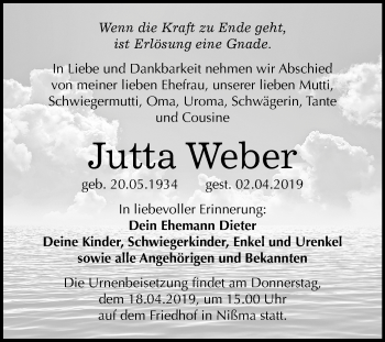 Traueranzeige von Jutta Weber von Mitteldeutsche Zeitung Zeitz