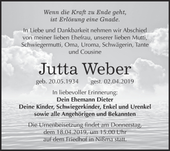 Traueranzeige von Jutta Weber von WVG - Wochenspiegel NMB / WSF / ZTZ