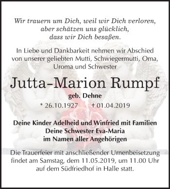 Traueranzeige von Jutta Marion Rumpf von Mitteldeutsche Zeitung Halle/Saalkreis