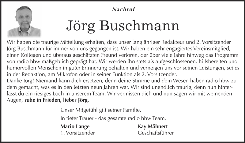  Traueranzeige für Jörg Buschmann vom 06.04.2019 aus Super Sonntag Aschersleben