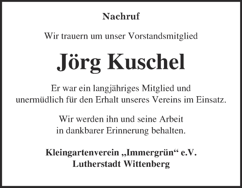 Traueranzeige für Jörg Kuschel vom 20.04.2019 aus Super Sonntag Wittenberg