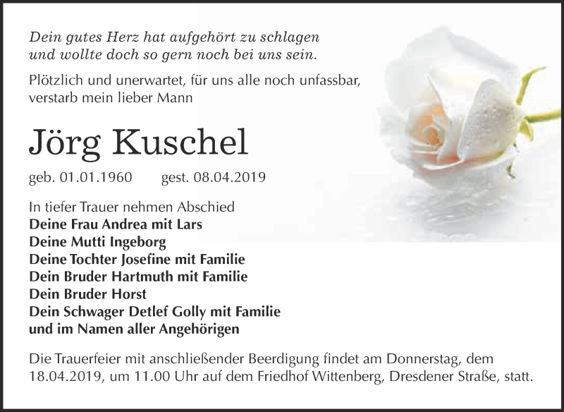  Traueranzeige für Jörg Kuschel vom 13.04.2019 aus WVG - Wochenspiegel Wittenberg
