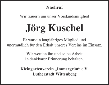 Traueranzeige von Jörg Kuschel von Super Sonntag Wittenberg