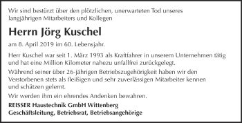 Traueranzeige von Jörg Kuschet von Super Sonntag Wittenberg