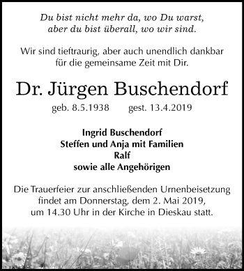 Traueranzeige von Jürgen Buschendorf von Mitteldeutsche Zeitung Halle/Saalkreis