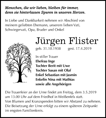 Traueranzeige von Jürgen Flister von Mitteldeutsche Zeitung Weißenfels