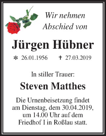 Traueranzeige von Jürgen Hübner von Mitteldeutsche Zeitung Dessau-Roßlau