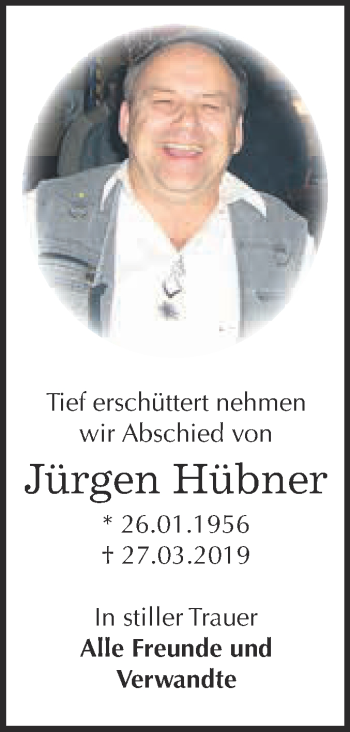 Traueranzeige von Jürgen Hübner von WVG - Wochenspiegel Dessau / Köthen
