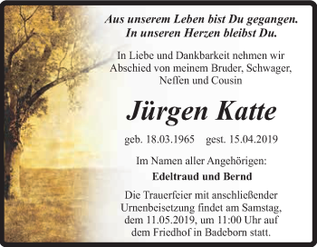 Traueranzeige von Jürgen Katte von Super Sonntag Quedlinburg
