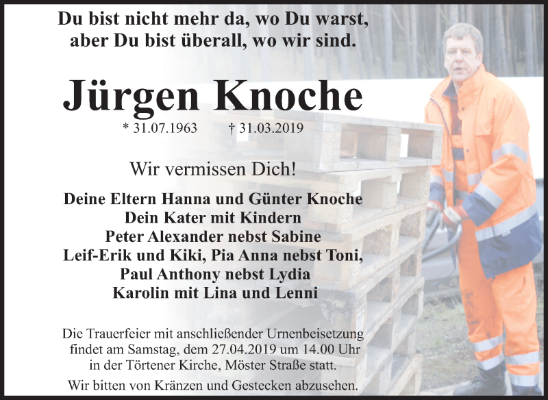  Traueranzeige für Jürgen Knoche vom 13.04.2019 aus Mitteldeutsche Zeitung