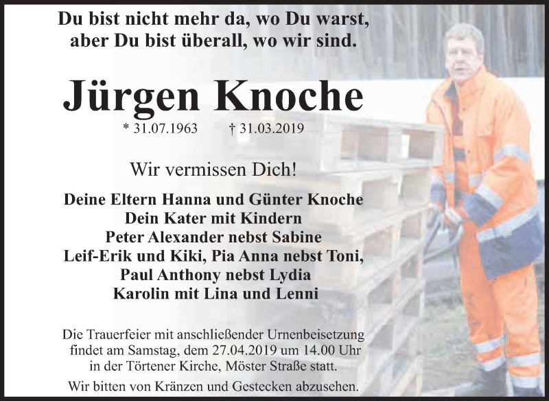  Traueranzeige für Jürgen Knoche vom 13.04.2019 aus WVG - Wochenspiegel Dessau / Köthen