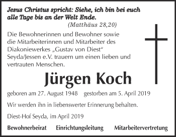 Traueranzeige von Jürgen Koch von Super Sonntag Wittenberg