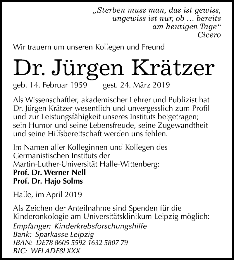  Traueranzeige für Jürgen Krätzer vom 13.04.2019 aus Mitteldeutsche Zeitung Halle/Saalkreis