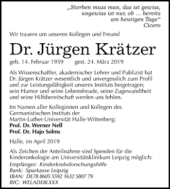 Traueranzeige von Jürgen Krätzer von Mitteldeutsche Zeitung Halle/Saalkreis