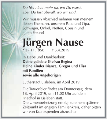 Traueranzeige von Jürgen Nause von Super Sonntag SGH Mansf. Land