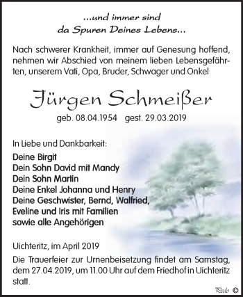 Traueranzeige von Jürgen Schmeißer von WVG - Wochenspiegel NMB / WSF / ZTZ