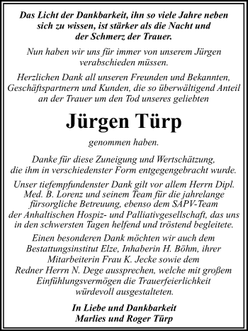 Traueranzeige von Jürgen Türp von Mitteldeutsche Zeitung Dessau-Roßlau