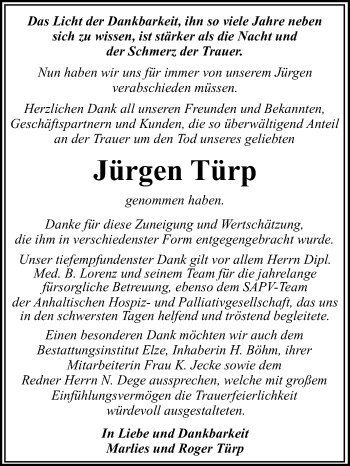 Traueranzeige von Jürgen Türp von WVG - Wochenspiegel Dessau / Köthen