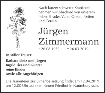 Traueranzeige von Jürgen Zimmermann von WVG - Wochenspiegel NMB / WSF / ZTZ