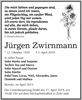 Traueranzeige von Jürgen Zimmermann von WVG - Wochenspiegel NMB / WSF / ZTZ
