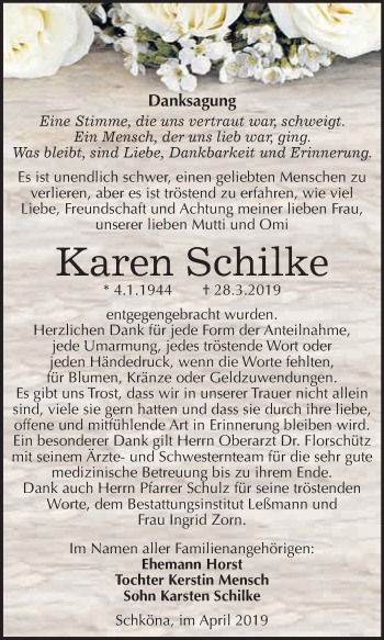 Traueranzeige von Karen Schilke von WVG - Wochenspiegel Wittenberg