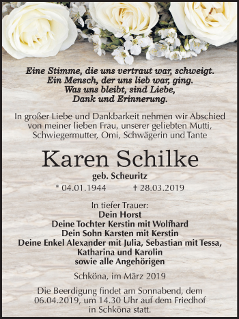 Traueranzeige von Karen Schilke von Mitteldeutsche Zeitung Wittenberg