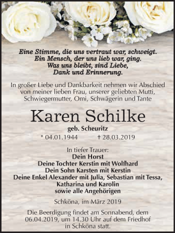 Traueranzeige von Karen Schilke von WVG - Wochenspiegel Wittenberg