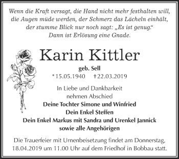 Traueranzeige von Karin Kittler von WVG - Wochenspiegel Bitterfeld