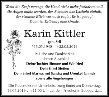 Traueranzeige von Karin Kittler von Mitteldeutsche Zeitung Bitterfeld