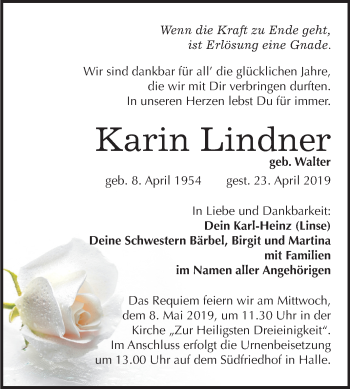 Traueranzeige von Karin Lindner von Mitteldeutsche Zeitung