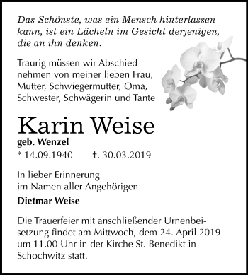 Traueranzeige von Karin Weise von Mitteldeutsche Zeitung Halle/Saalkreis