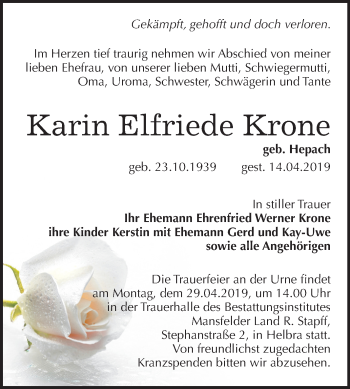 Traueranzeige von Karin Elfriede Krone von Mitteldeutsche Zeitung