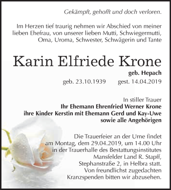 Traueranzeige von Karin Elfriede Krone von Super Sonntag SGH Mansf. Land