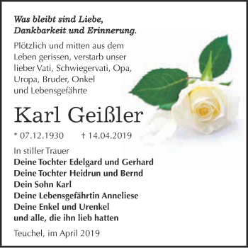 Traueranzeige von Karl Geißler von Super Sonntag Wittenberg