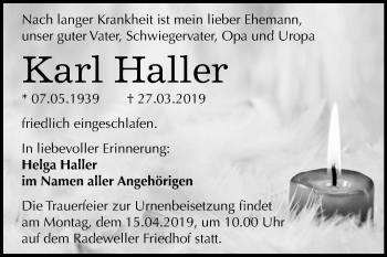 Traueranzeige von Karl Haller von Mitteldeutsche Zeitung Halle/Saalkreis