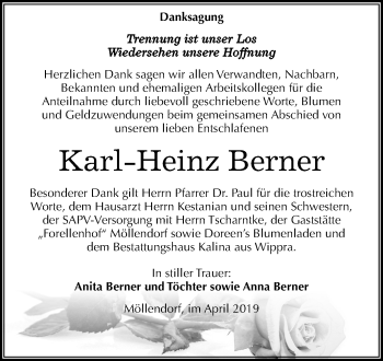 Traueranzeige von Karl-Heinz Berner von Mitteldeutsche Zeitung Mansfelder Land
