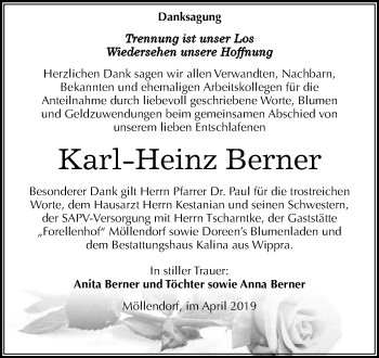 Traueranzeige von Karl-Heinz Berner von Wochenspiegel Mansfelder Land