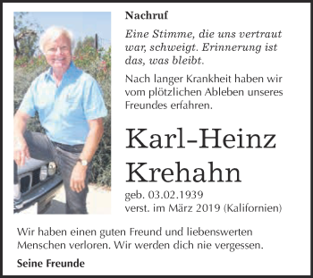 Traueranzeige von Karl-Heinz Krehahn von WVG - Wochenspiegel NMB / WSF / ZTZ