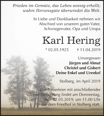 Traueranzeige von Karl Hering von Mitteldeutsche Zeitung Sangerhausen