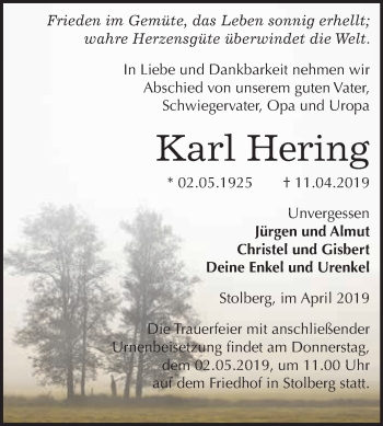Traueranzeige von Karl Hering von WVG - Wochenspiegel SGH