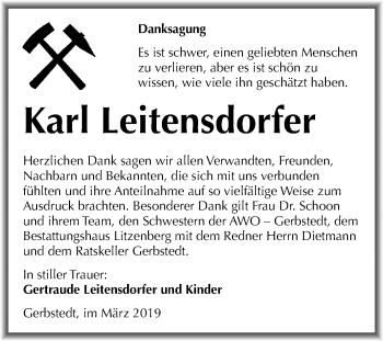 Traueranzeige von Karl Leitensdorfer von Mitteldeutsche Zeitung Mansfelder Land